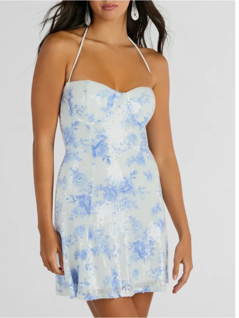Windsor Blue & White Floral Sequin Halter Mini Dress | Sweetheart A-Line
